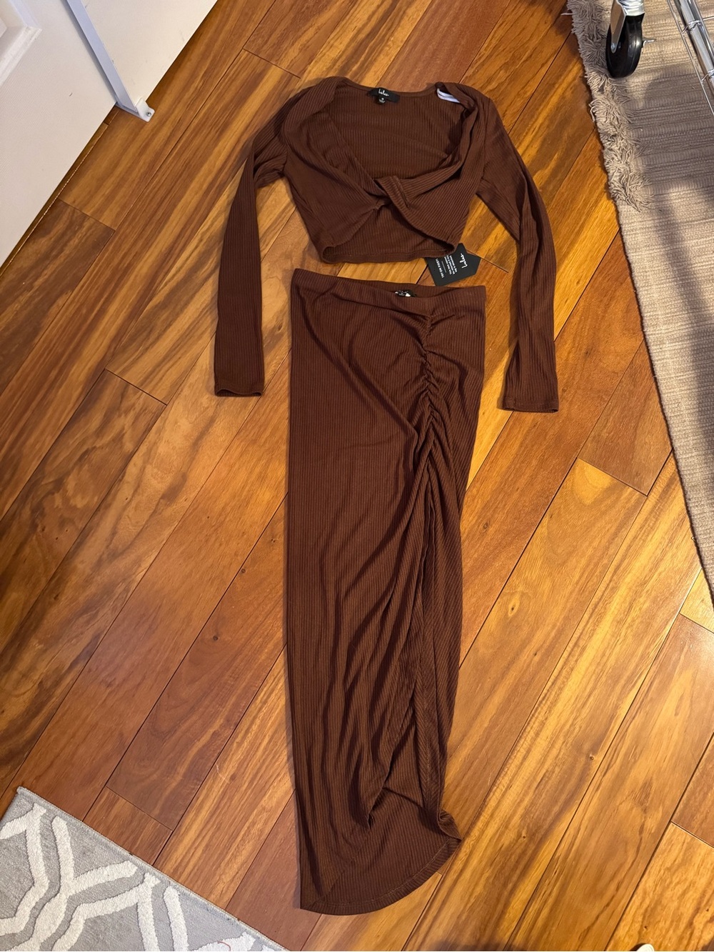 Lulu's Brown Ribbed Two-Piece Skirt Set